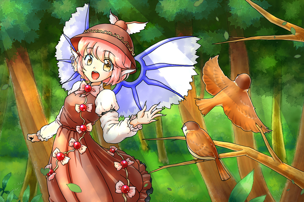 1girl, :d, alternate_eye_color, animal, animal_ears, arm_garter, bird, bow