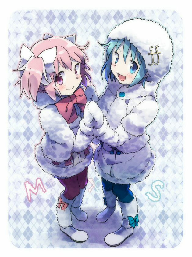 2girls, :d, blonde_hair, blue_eyes, bow, fur_coat, gloves, hair_bow