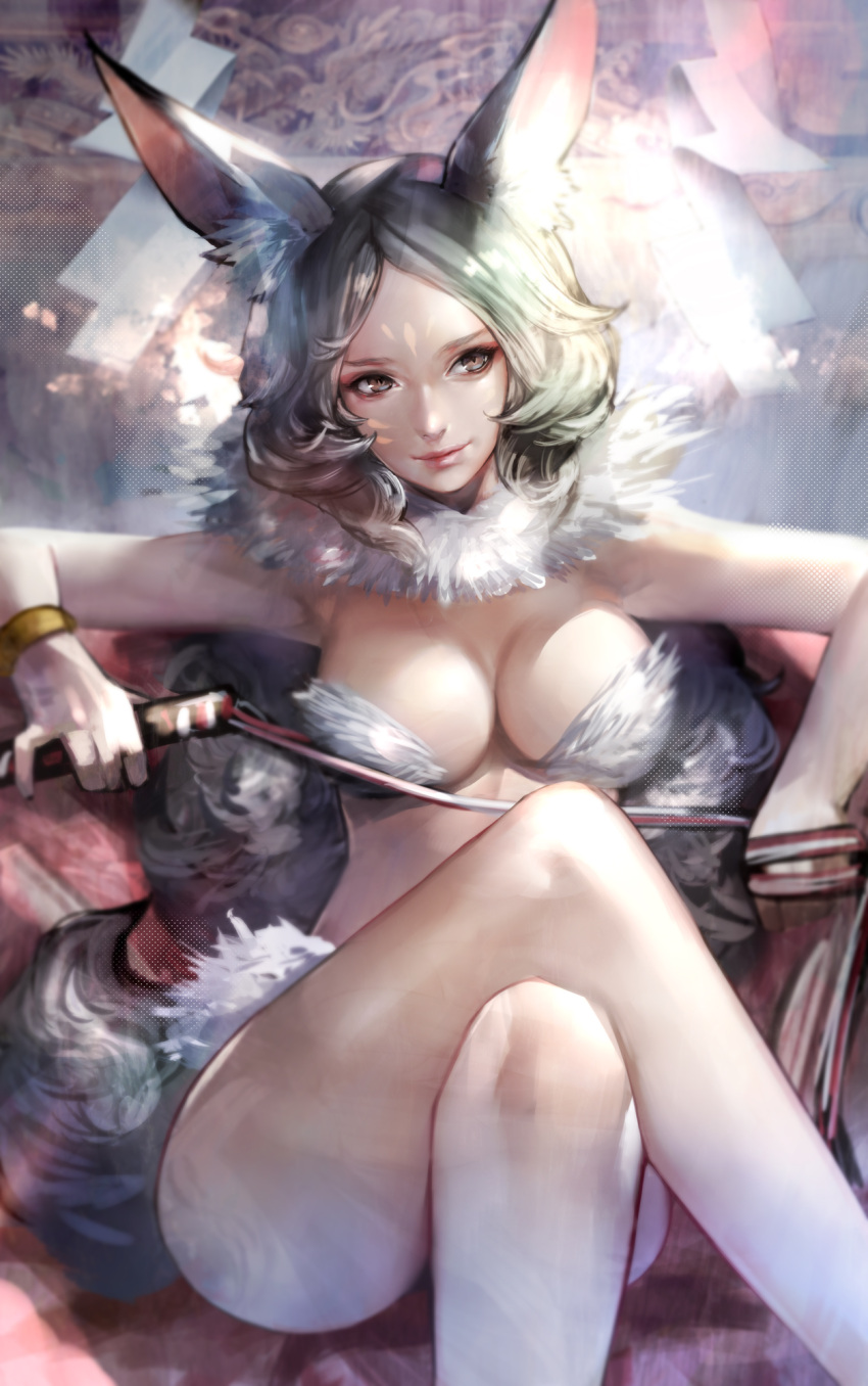 1girl, animal_ears, bare_shoulders, bracelet, breasts, cleavage, crossed_legs, fur