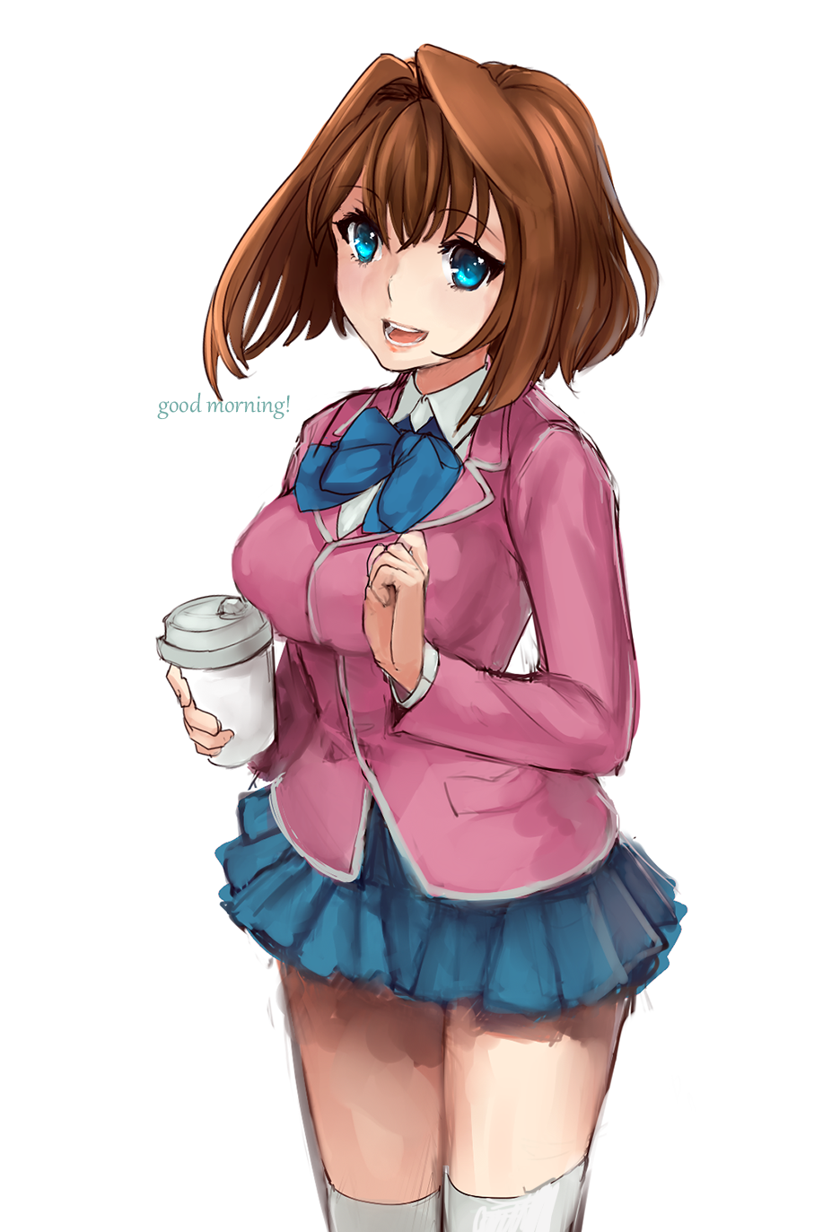 1girl, blazer, blue_eyes, blush, breasts, brown_hair, ch2o, cowboy_shot