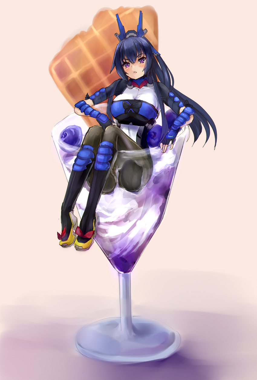 1girl, black_hair, blueberry, blush, bodysuit, boots, breasts, ch2o