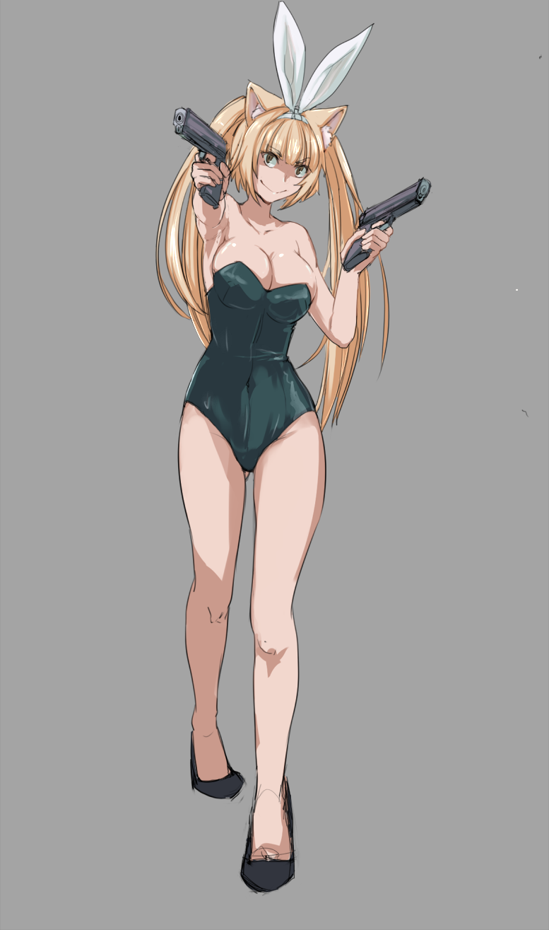 1girl, animal_ears, bare_legs, bare_shoulders, blonde_hair, breasts, bunnysuit, cat_ears, ch2o, cleavage, covered_navel, dual_wielding, fake_animal_ears, full_body, gun, hairband, handgun, highres, kuraishi_tanpopo, large_breasts, long_hair, pistol, rabbit_ears, slit_pupils, solo, twintails, weapon, witch_craft_works, yellow_eyes
