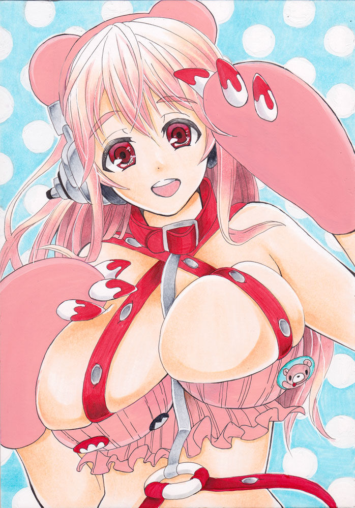 1girl, animal_ears, bear_ears, between_breasts, blood, blush, breasts, cleavage