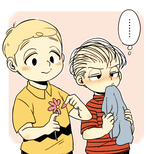 2boys, black_hair, blanket, blonde_hair, blush, charlie_brown, covering_mouth, flower
