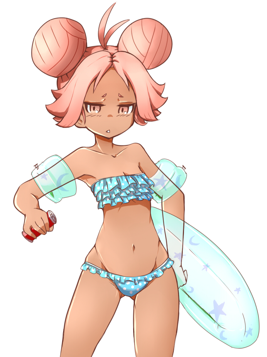 1girl, antenna_hair, bare_shoulders, bikini, blush, can, chen_(4chan), collarbone