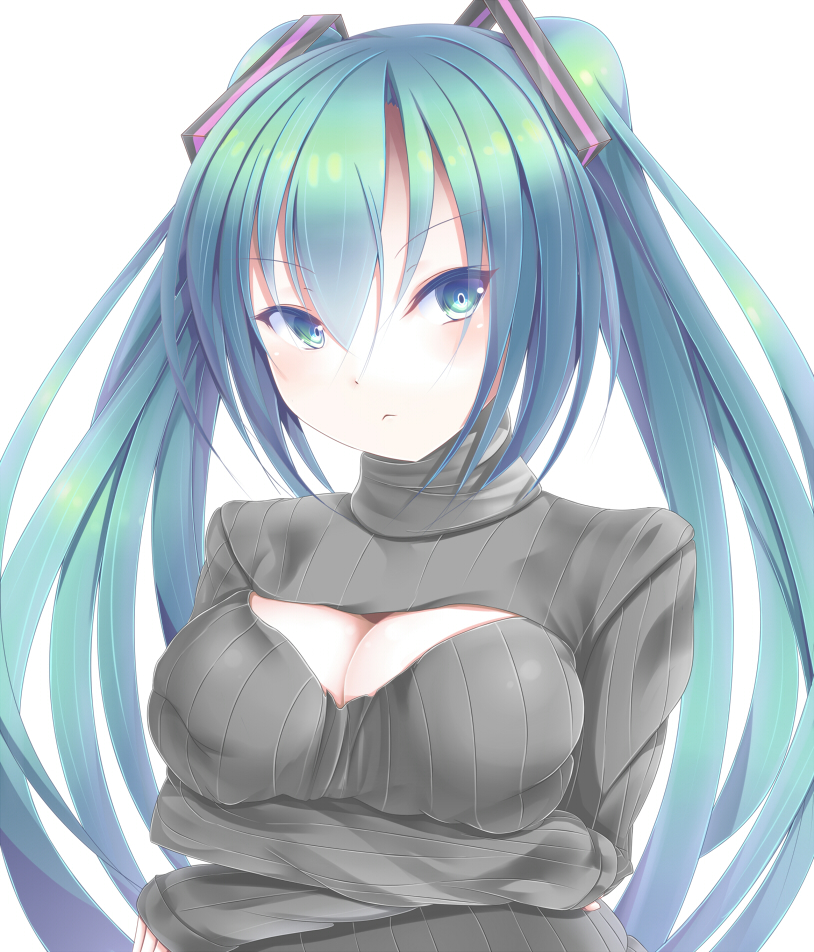 1girl, aqua_eyes, aqua_hair, breasts, cleavage, cleavage_cutout, crossed_arms, hatsune_miku