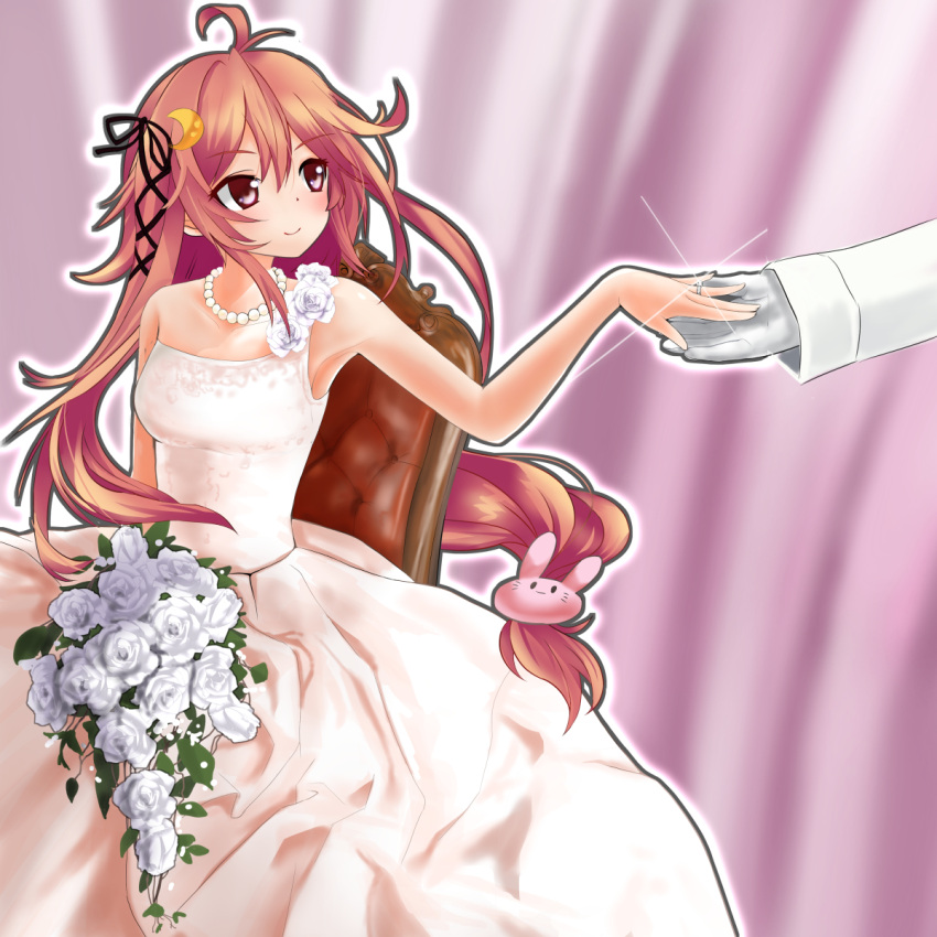 1girl, ahoge, bare_shoulders, blush, bouquet, bunny_hair_ornament, chair, crescent_hair_ornament