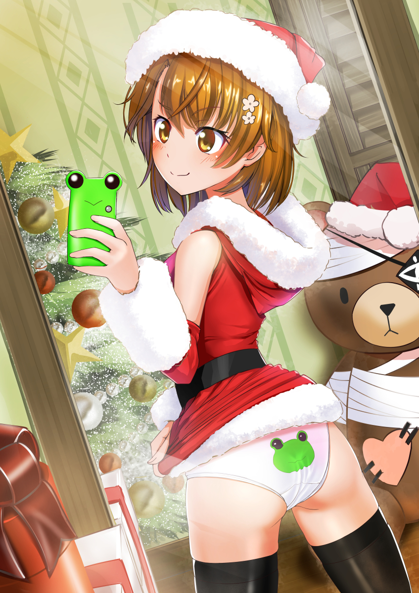 1girl, ass, black_legwear, blush, brown_hair, cellphone, christmas, christmas_tree, cowboy_shot, flower, frog_panties, frog_print, fur_trim, hair_flower, hair_ornament, hat, highres, hkn_(ringya), hood, mirror, misaka_mikoto, panties, phone, print_panties, santa_costume, santa_hat, self_shot, short_hair, smile, solo, stuffed_animal, stuffed_toy, teddy_bear, thigh-highs, to_aru_majutsu_no_index, underwear, white_panties