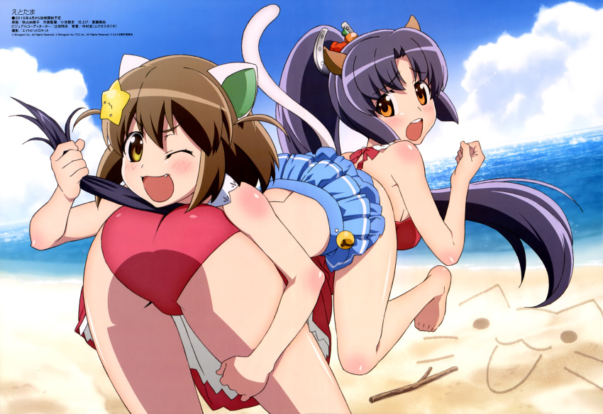 2girls, absurdres, ass, beach, brown_eyes, etotama, fang, feet