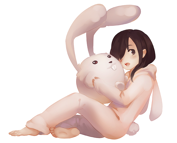 1girl, 34_(hakunimu), animal_costume, animal_head, barefoot, black_hair, bunny_costume, full_body