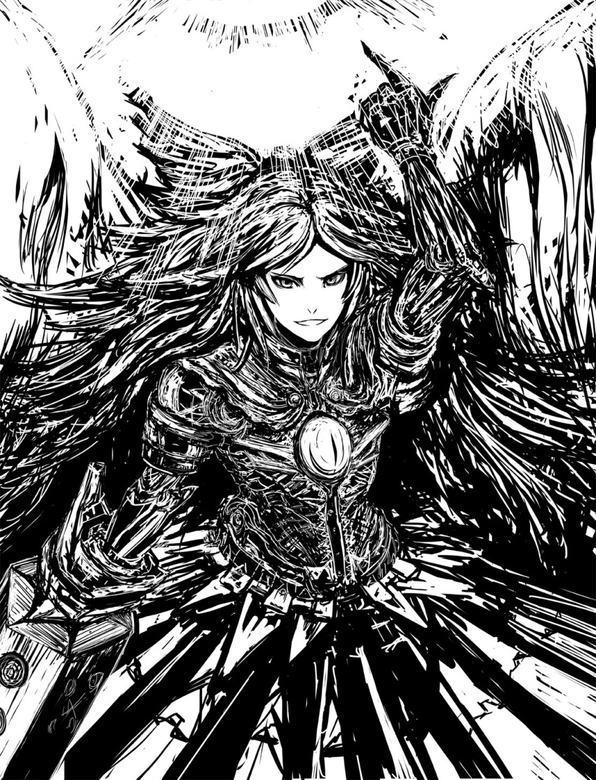 1girl, arm_cannon, armor, bow, cape, grin, hair_bow, highres