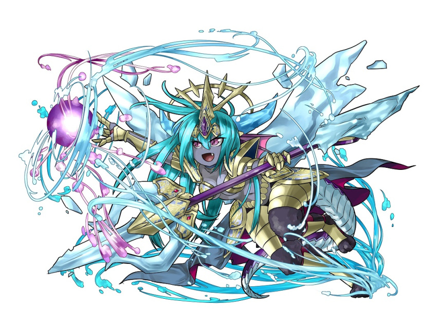 >:d, 1girl, :d, armlet, armor, bikini_armor, blue_hair, breasts, choker, cleavage, collarbone, demon_girl, demon_horns, demon_tail, energy_ball, fang, full_body, gauntlets, glaive, hellice_frost_demon_(p&amp;d), horns, ice, ice_wings, kei_(keiclear), leg_up, long_hair, navel, open_mouth, pauldrons, ponytail, purple_skin, puzzle_&amp;_dragons, satyr, simple_background, slit_pupils, smile, solo, tail, tiara, under_boob, violet_eyes, white_background, wings