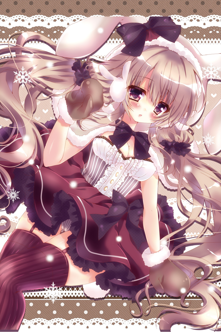 1girl, absurdres, animal_hood, blonde_hair, blush, bowtie, breasts, bunny_earmuffs