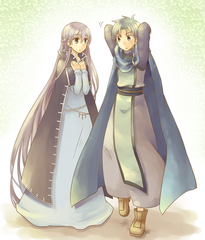 1boy, 1girl, absurdly_long_hair, ahoge, arms_behind_head, belly_chain, blue_dress, blue_eyes, book, book_hug, boots, cape, cloak, dress, fire_emblem, fire_emblem:_fuuin_no_tsurugi, green_hair, holding, holding_book, lleu_(fire_emblem), long_hair, looking_at_another, object_hug, purple_hair, robe, serina_ranshi, serious, simple_background, sofiya, very_long_hair, violet_eyes