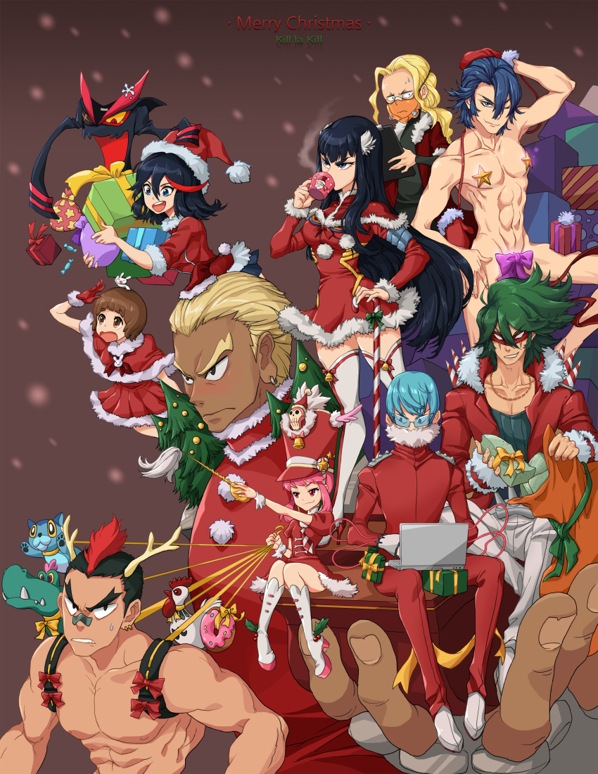 4girls, 6+boys, abs, absurdres, adapted_costume, antlers, baton, boots