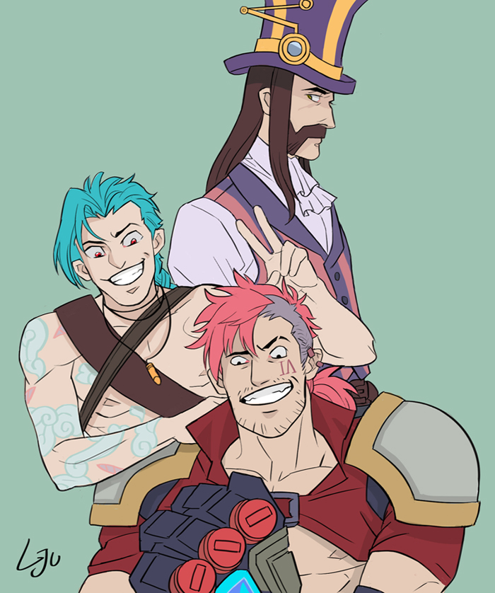 3boys, blue_hair, brown_hair, bullet, caitlyn_(league_of_legends), earrings, facial_hair, formal