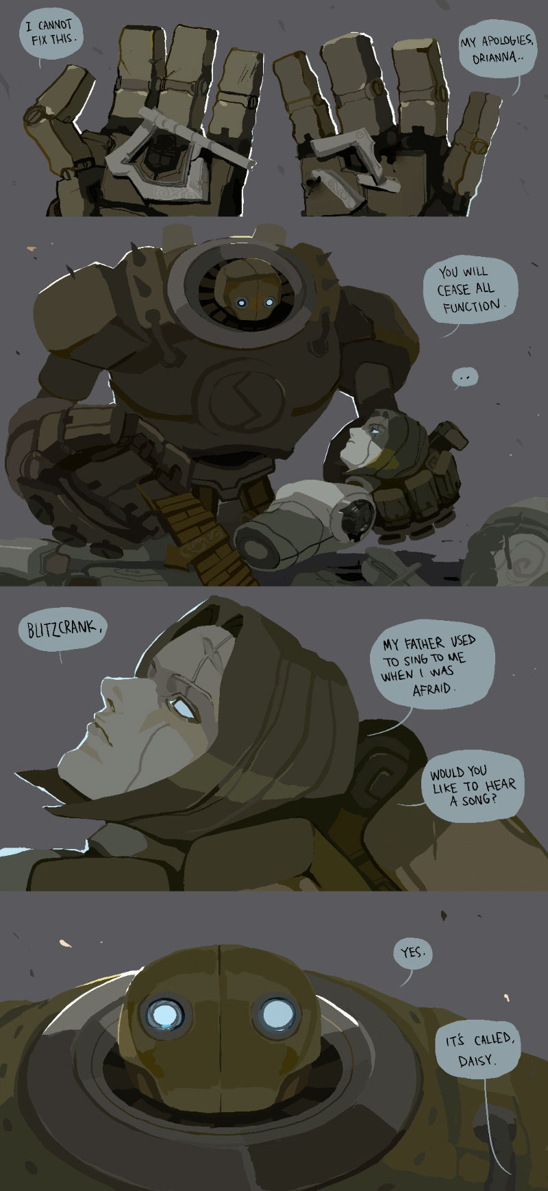 1boy, 1girl, blitzcrank, blonde_hair, bolt, comic, damaged, english
