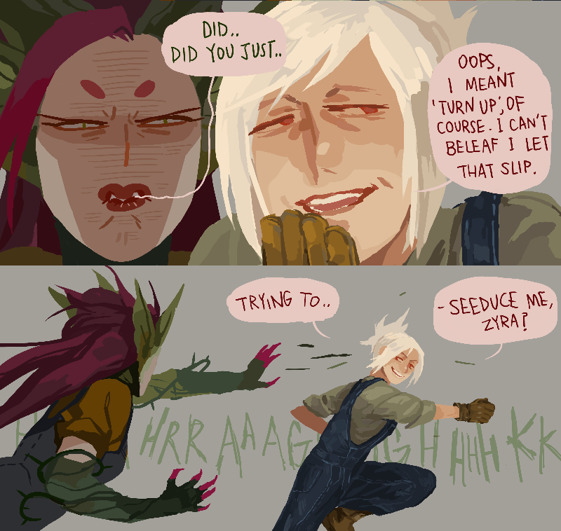 2girls, annoyed, chasing, gloves, league_of_legends, monster_girl, multiple_girls, plant