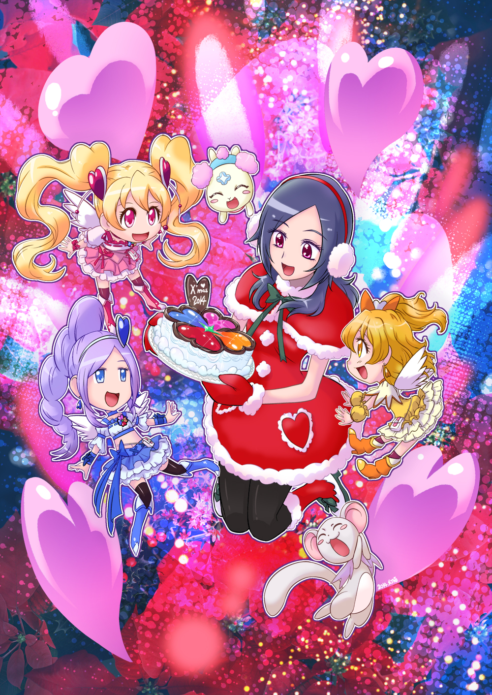 4girls, :d, ^_^, aono_miki, blonde_hair, blue_eyes, blush_stickers, brown_hair, cake, capelet, chiffon_(fresh_precure!), closed_eyes, cure_berry, cure_peach, cure_pine, earmuffs, food, fresh_precure!, hairband, heart, higashi_setsuna, highres, lavender_hair, maboroshineko, magical_girl, momozono_love, multiple_girls, open_mouth, pink_eyes, precure, purple_hair, santa_costume, short_hair, smile, tart_(fresh_precure!), yamabuki_inori, yellow_eyes