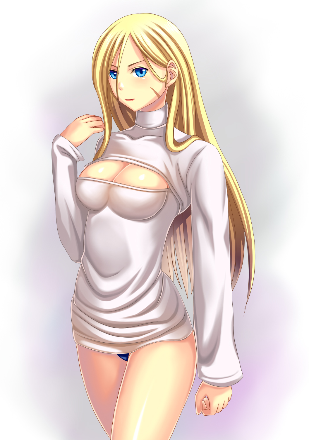 1girl, blonde_hair, blue_eyes, blue_panties, breasts, cammy_white, cleavage, cleavage_cutout