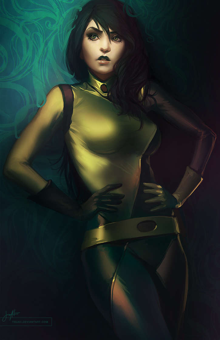 1girl, belt, black_hair, bodysuit, breasts, gloves, green_eyes, hands_on_hips, jonathan_hamilton, kim_possible, large_breasts, lips, long_hair, nose, realistic, shego, solo, standing