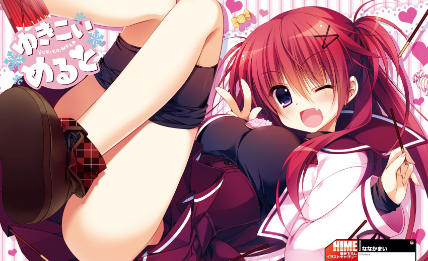 1girl, ;d, absurdres, bike_shorts, breasts, cardigan, highres, knees_together_feet_apart