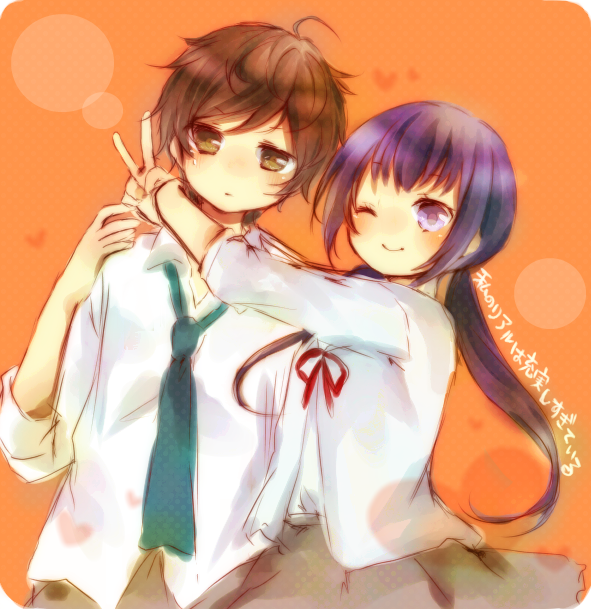 1boy, 1girl, ;), anesaki_nozomi, anesaki_shun, arms_around_neck, blush, brother_and_sister