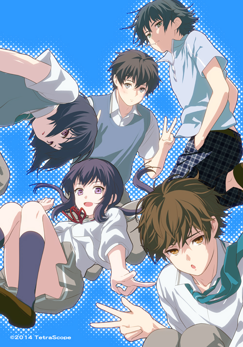 1girl, 2014, 4boys, anesaki_nozomi, anesaki_shun, blue_background, blue_eyes, brother_and_sister