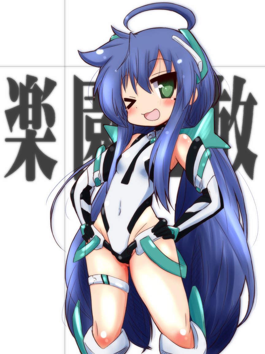 >_o, 1girl, ;d, ahoge, angela_balzac, angela_balzac_(cosplay), black_gloves, blue_hair