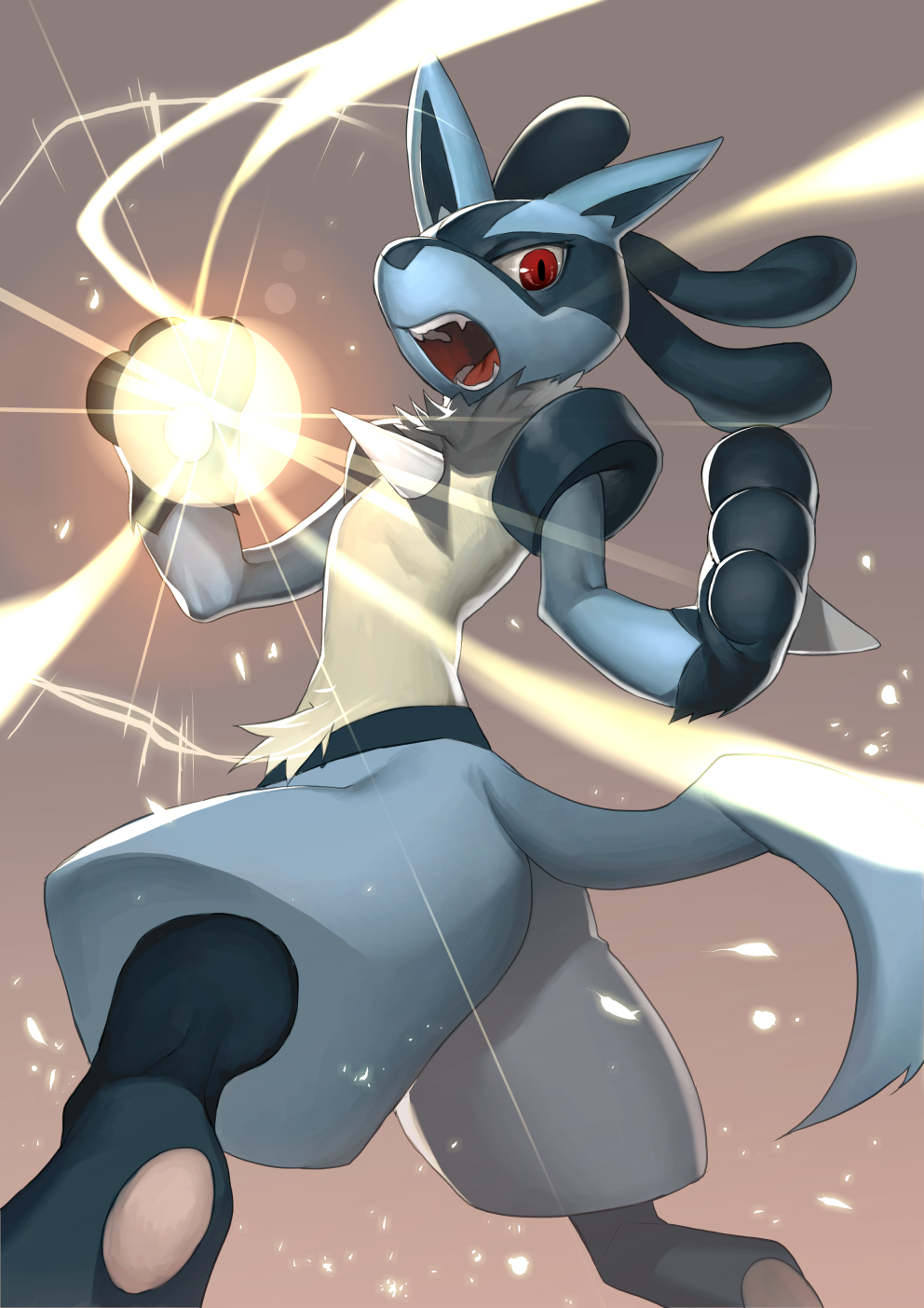 energy_ball, fangs, fur, highres, lucario, no_humans, open_mouth, paws