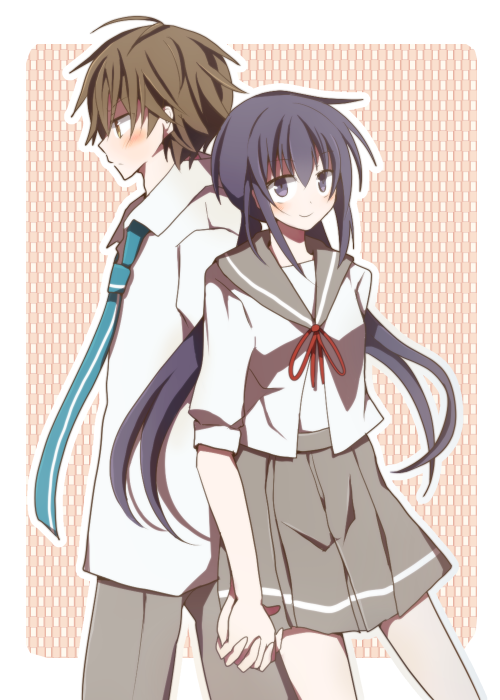 1boy, 1girl, anesaki_nozomi, anesaki_shun, back-to-back, brother_and_sister, brown_eyes, brown_hair