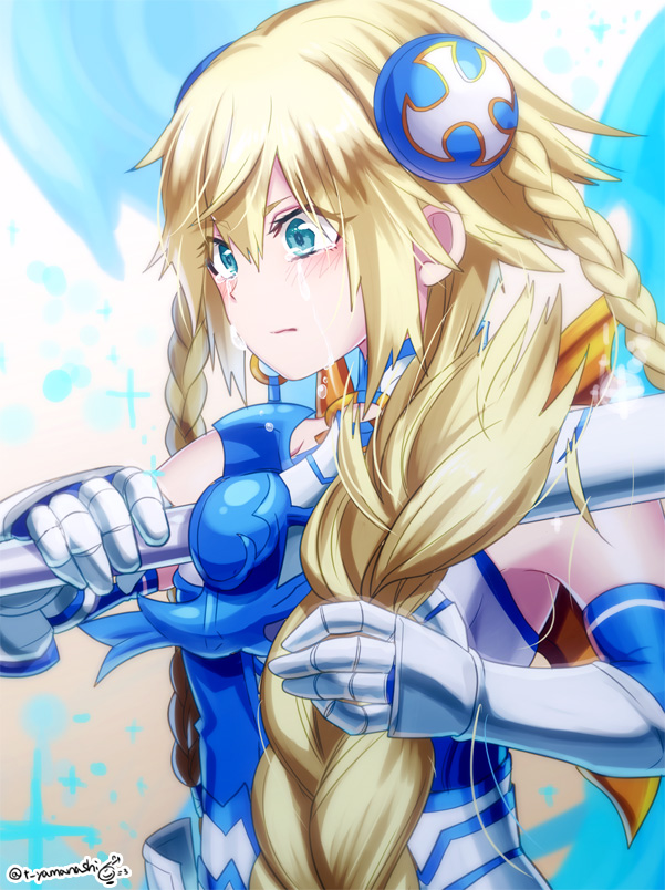 1girl, armor, armored_dress, blonde_hair, blue_eyes, blue_valkyrie_(p&amp;d), blush, braid
