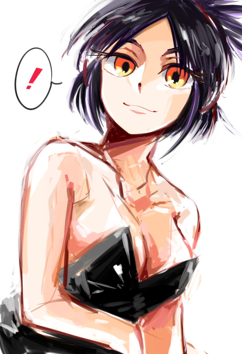 !, 1girl, bare_shoulders, black_fress, black_hair, highres, keroko_(keroooon), long_hair, orange_eyes, sanjou_kanako, sketch, solo