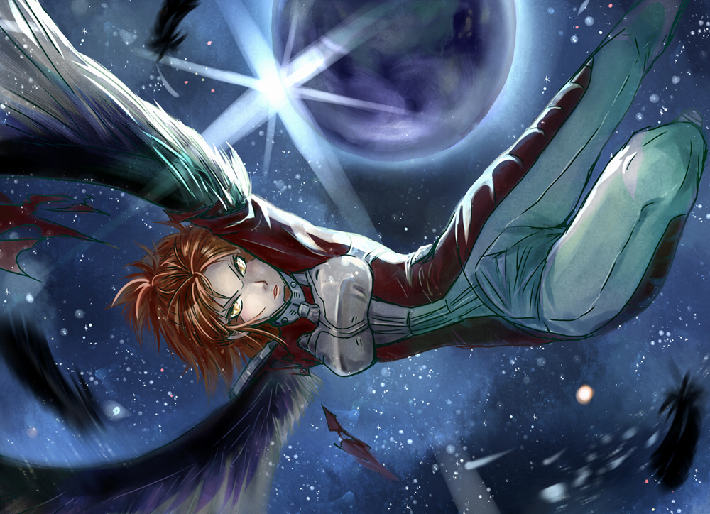 1girl, ayafla, bodysuit, brown_hair, feathers, flying, long_hair, sanjou_kanako