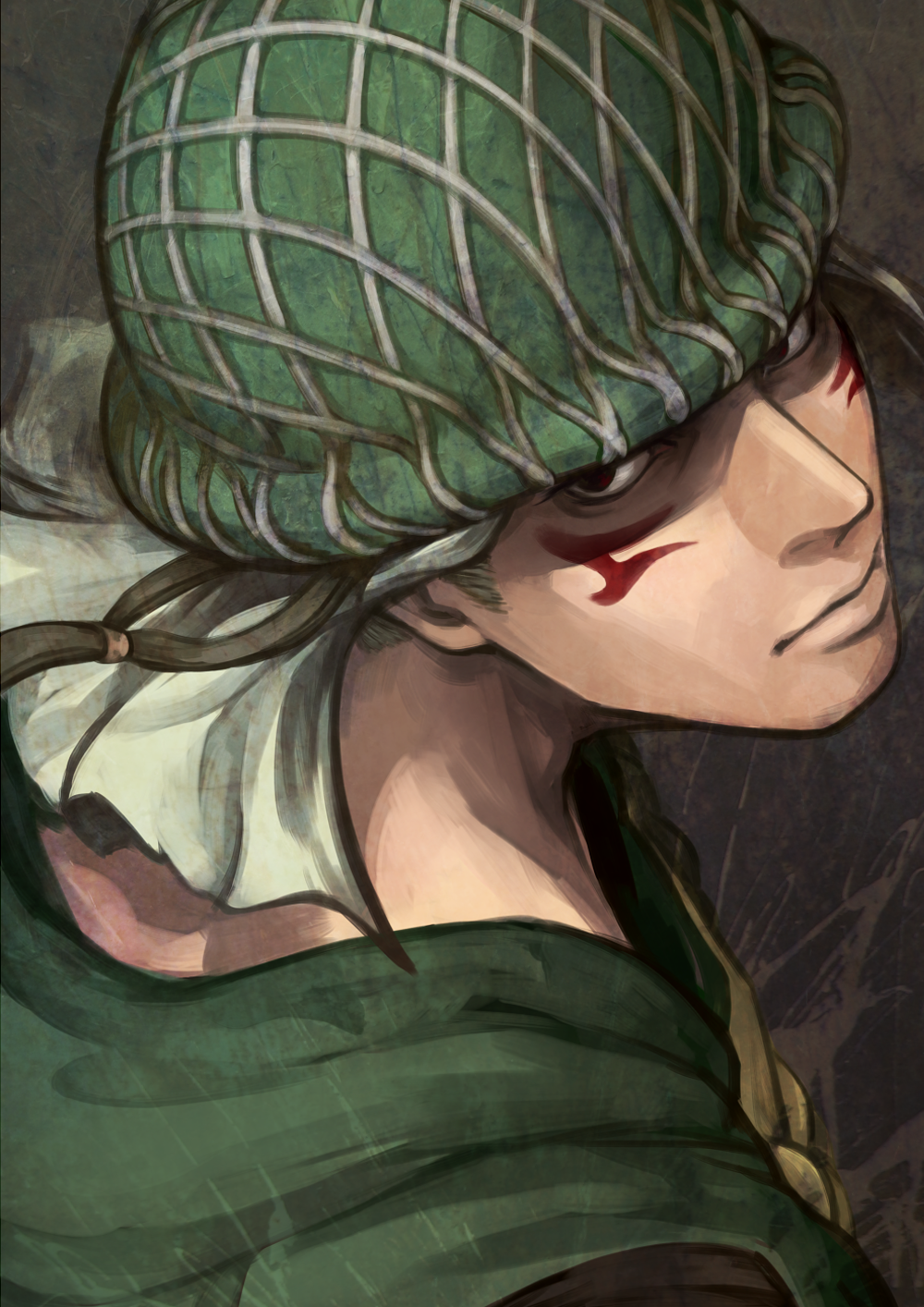 1boy, axl_ro, cafemoka-septro, facial_mark, hat, highres, jojo_no_kimyou_na_bouken, military_hat, red_eyes, solo, steel_ball_run