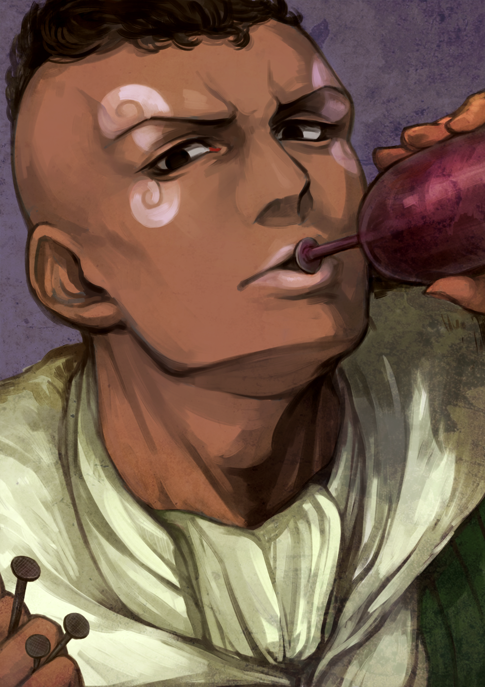 1boy, balloon, between_fingers, brown_hair, cafemoka-septro, dark_skin, facial_mark, highres