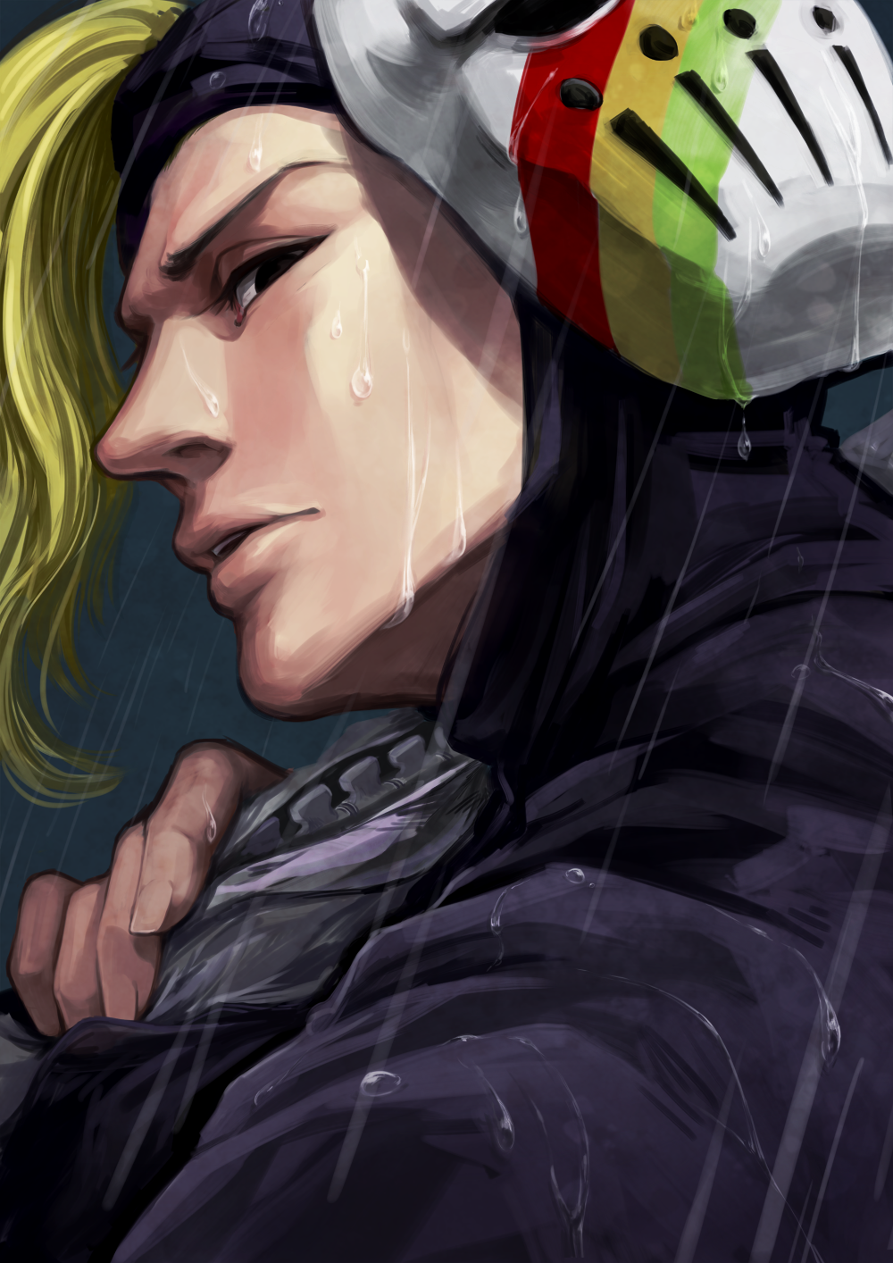 1boy, black_eyes, blackmore, blonde_hair, cafemoka-septro, catch_the_rainbow, highres, hood