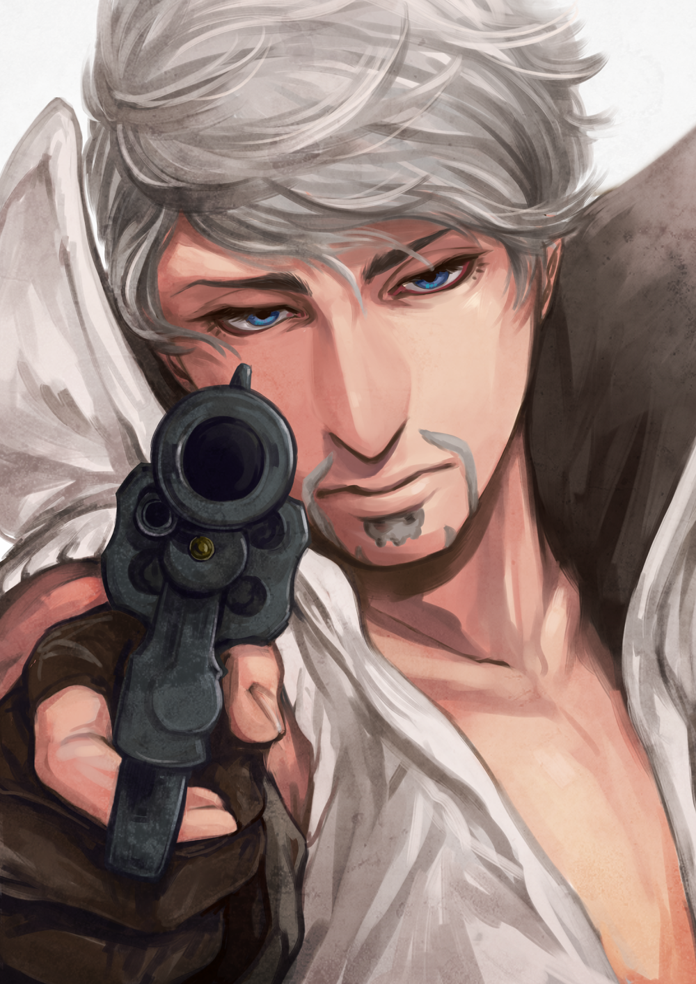 1boy, beard, blue_eyes, cafemoka-septro, facial_hair, fingerless_gloves, gloves, gun