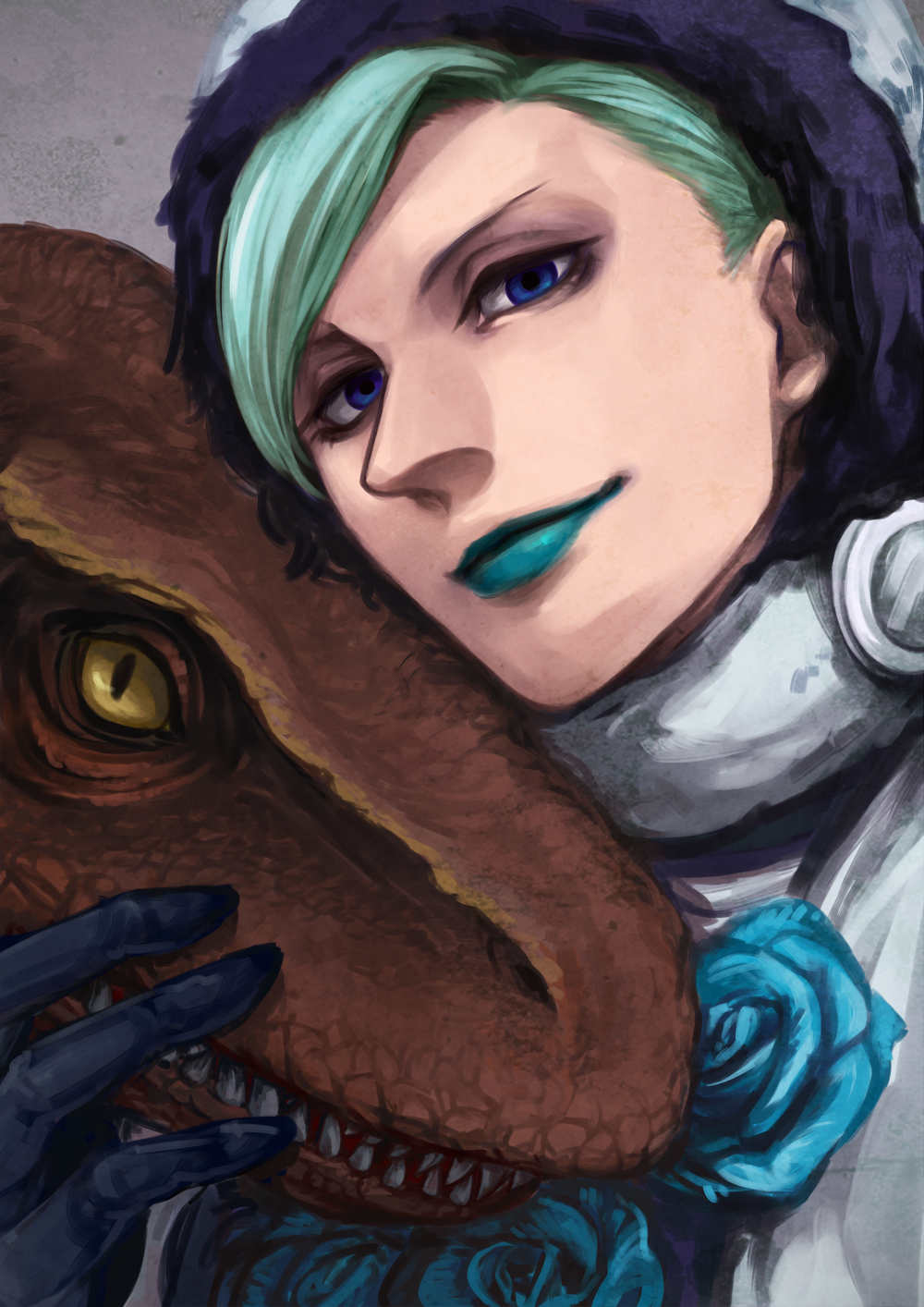 1boy, blue_eyes, blue_hair, blue_lipstick, cafemoka-septro, dinosaur, doctor_ferdinand, gloves