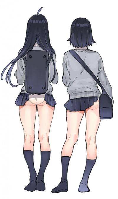 2girls, ahoge, aruterra, ass, backpack, bag, black_legwear, kill_la_kill, kiryuuin_satsuki, long_hair, looking_away, matoi_ryuuko, miniskirt, multiple_girls, panties, pantyshot, pantyshot_(standing), school_bag, school_uniform, short_hair, simple_background, skirt, socks, standing, underwear, white_background, white_panties