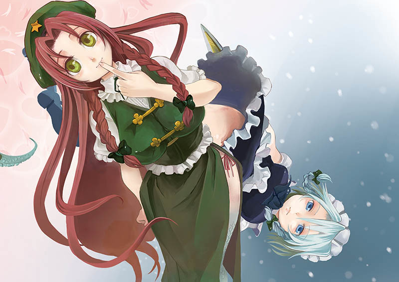2girls, bangs, blue_eyes, braid, cover_image, finger_to_mouth, frilled_sleeves, frills