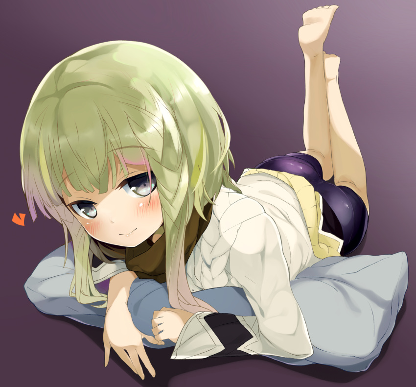 ass, barefoot, bike_shorts, black_bullet, blonde_hair, blue_eyes, blush, braid