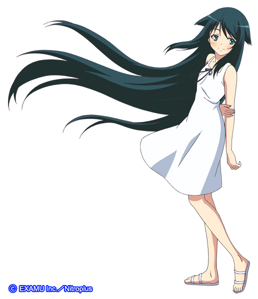 1girl, bare_shoulders, barefoot, dress, feet, flat_chest, green_eyes, green_hair