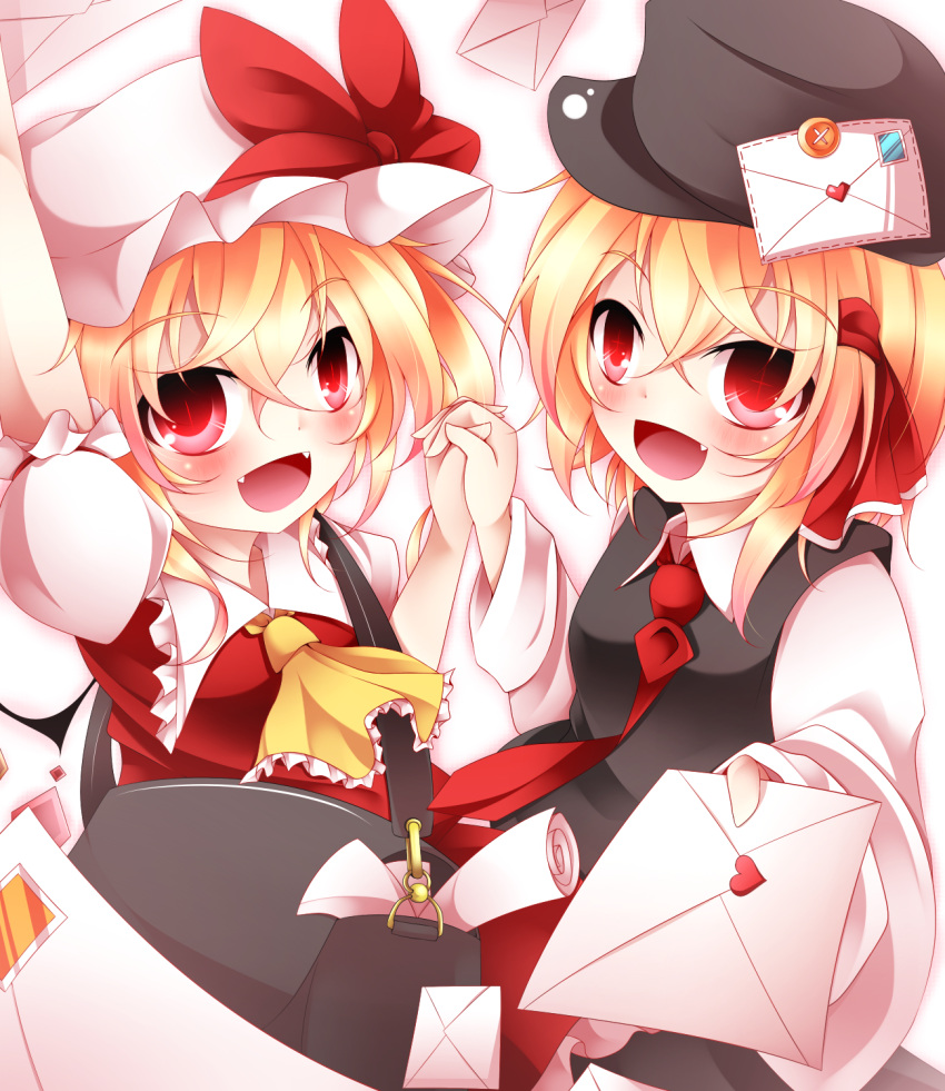 2girls, ascot, bag, blonde_hair, dress, flandre_scarlet, frills, hat