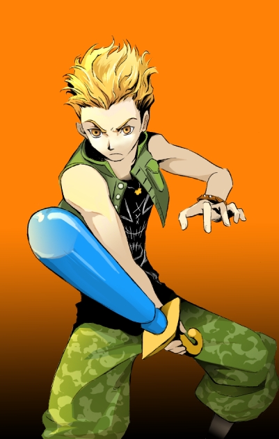 1boy, annima, blonde_hair, bracelet, camouflage, camouflage_pants, gradient, gradient_background