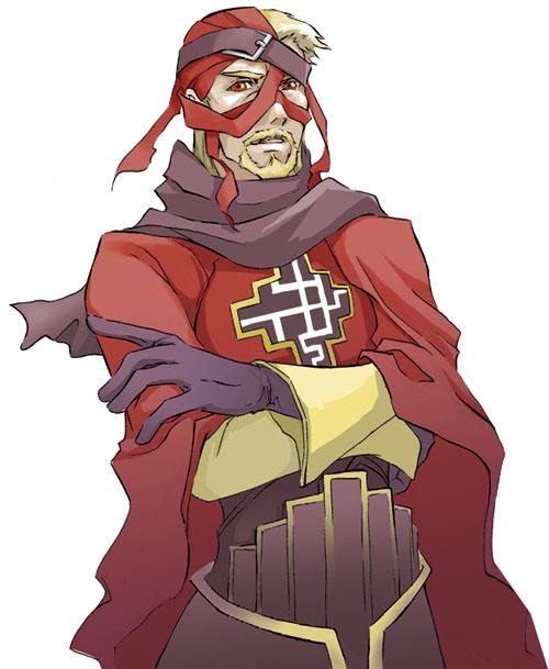 1boy, annima, ansem_the_wise, artist_request, bandages, belt, blonde_hair, cape, commentary, crossed_arms, disguise, diz, facial_hair, gloves, goatee, kingdom_hearts, kingdom_hearts_ii, looking_at_viewer, male_focus, mustache, orange_eyes, solo, spoilers