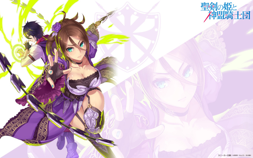 1boy, 1girl, 2d, breasts, fingerless_gloves, flower, gloves, hair_flower