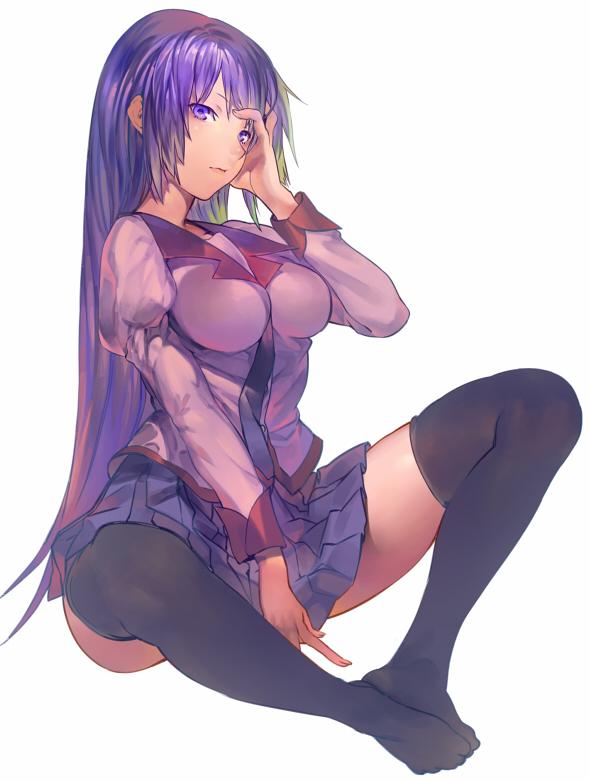 1girl, aritoki_ritsu, bakemonogatari, black_legwear, breasts, hand_on_own_face, long_hair, monogatari_(series)