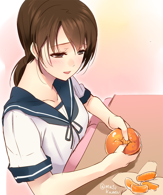 1girl, blush, brown_eyes, brown_hair, bust, collarbone, food, fruit
