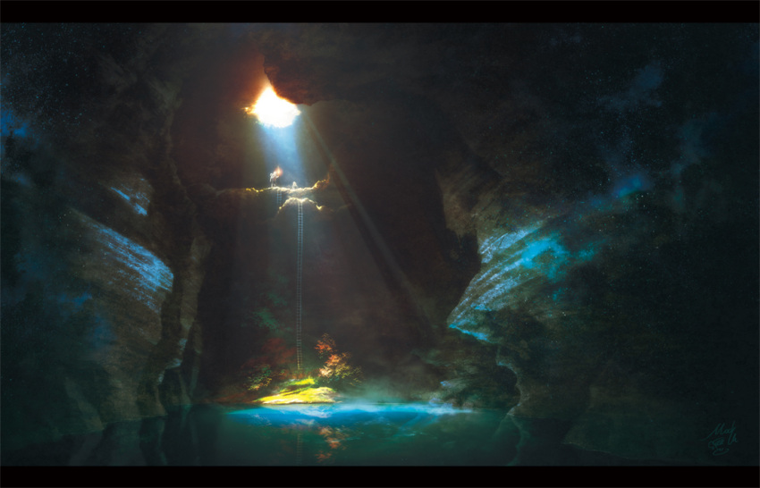 autumn_leaves, cave, cliff, fantasy, ladder, letterboxed, light_beam, light_rays